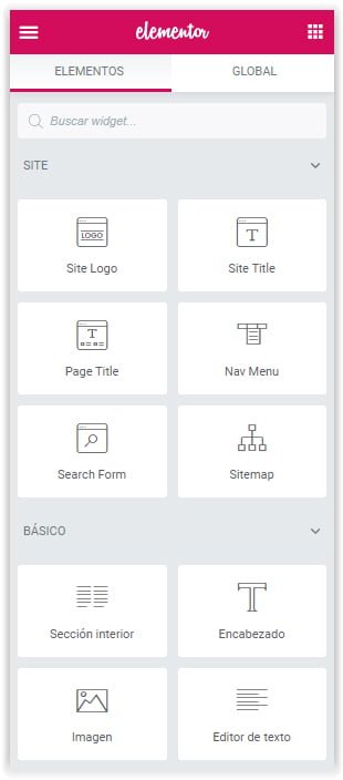 Menú de componentes para WordPress de Elementor
