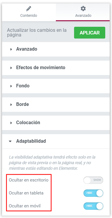 Elementor - Ocultar o mostrar componente en escritorio, movil o tablet