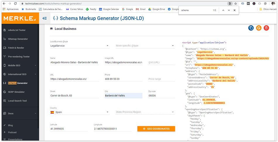 Ejemplo de Schema markup generator para generar rich snippets