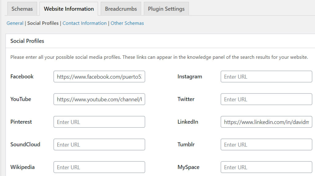 Schema Pro - Website information - Social profiles