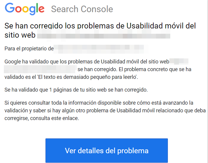 Google Search Console - Problemas de usabilidad movil corregidos