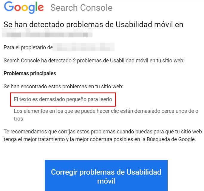 Google Search Console - Texto demasiado pequeño