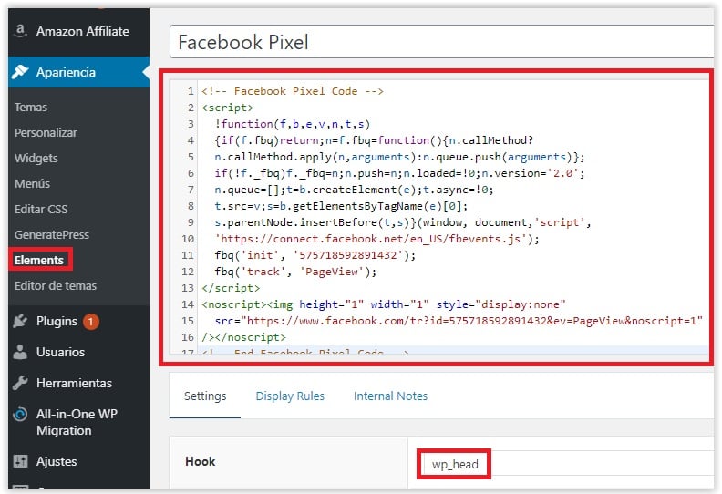 Insertar codigo fuente de Facebook Pixel con un Hook en Generatepress