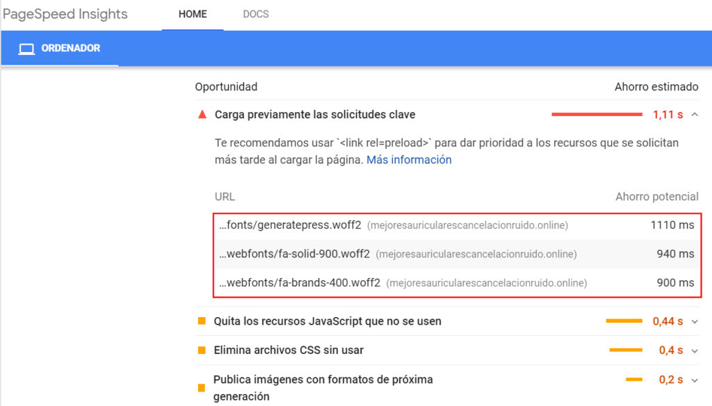 Google Page Insights - Precargar fuentes