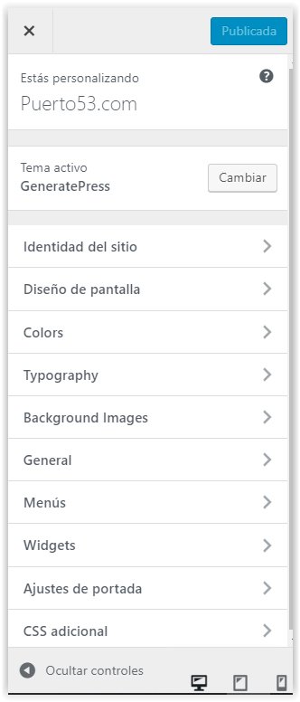 Generatepress - Menu principal de personalizacion de WordPress